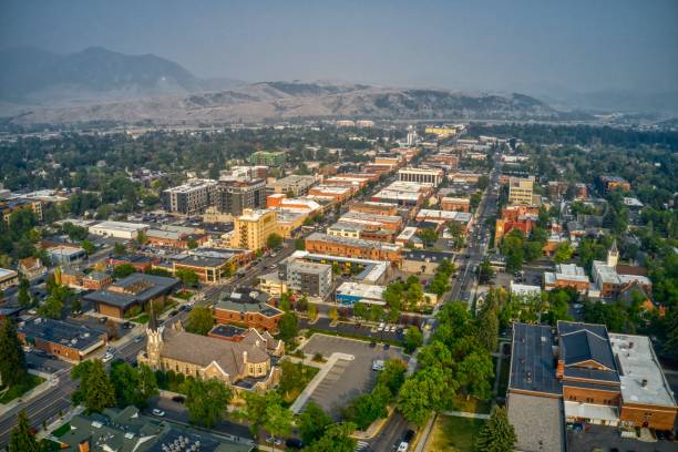 Aerial View of Downtown Bozeman, Montana in Summer Aerial View of Downtown Bozeman, Montana in Summer montana western usa photos stock pictures, royalty-free photos & images