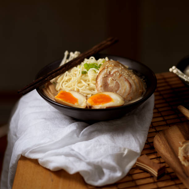 Tonkotsu ramen, traditional Japan noodle with sliced pork and eggs and pork bone based soup