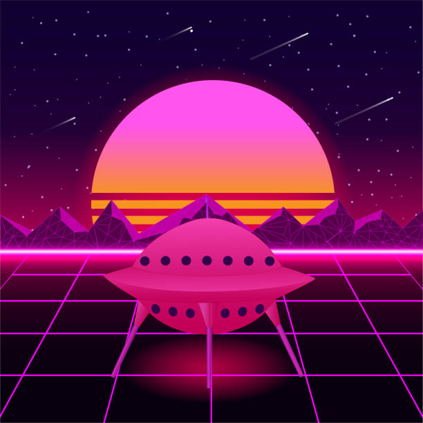 istock Retro background fantasy futuristic world cyber space cosmos. Digital landscape. 3d planets with holographic gradient. color is dark purple. Poster and banner 80s and 90s. flying saucer, Ufo. Vector 1279266374