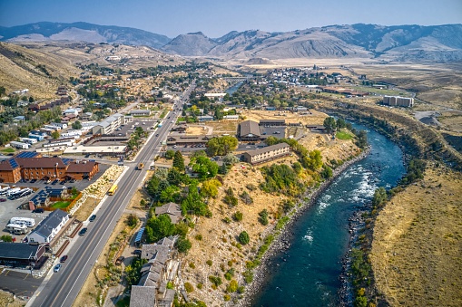 Aerial View of the Town of Gardiner, Montana which borders Yellowstone National Park