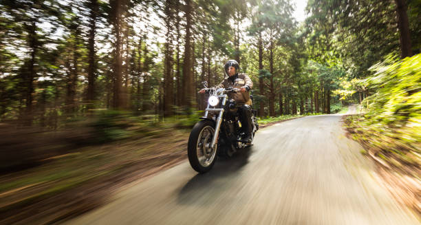 September/29/2020 at Gozaisho mountain forest road a man is riding his Harley Davidson motorbike. The trees and road have motion blur due to the slow shutter speed used.
