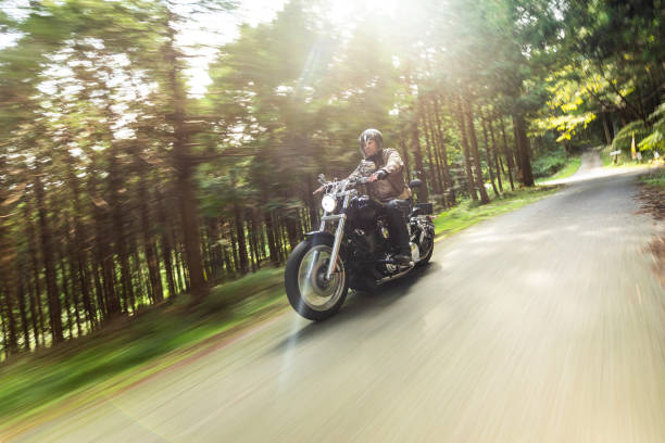 September/29/2020 at Gozaisho mountain forest road a man is riding his Harley Davidson motorbike. The trees and road have motion blur due to the slow shutter speed used.