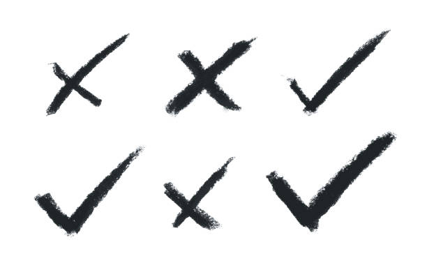 Charcoal strokes in cross x / NO button shape and check / OK mark symbol - set of six single objects in vector on white paper background with beautiful natural details - hand drawn vector illustration - abstract isolated original graphic design Set of six black graphic signs in black isolated on white paper background.
Check mark symbols: NO and OK buttons for vote in checkbox, websites etc.
Original hand-drawn with natural spontaneous details.
VECTOR FILE - enlarge without lost the quality.
Enjoy creating! voting drawings stock illustrations