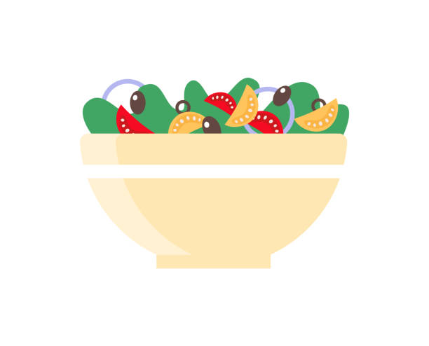 Salad, Veggies in Bowl, Color Healthy Food Vector Salad dish in bowl, healthy food vector icon. Cooking vegetables and greens in flat style on white. Seasonal light food, homemade colorful nutrition restaurant table side view stock illustrations