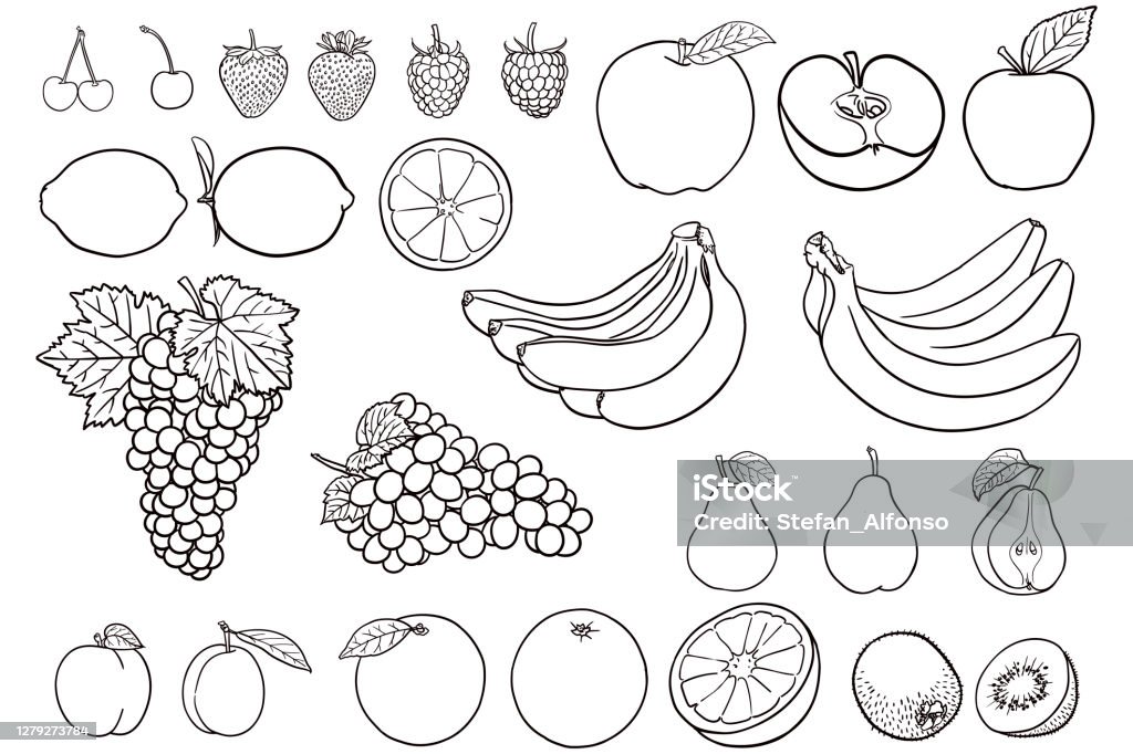 색칠 공부를위한 과일의 간단한 그림 포도에 대한 스톡 벡터 아트 및 기타 이미지 - 포도, 사과, 딸기 - Istock