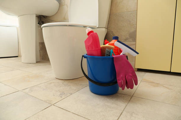 istock Bucket with cleaning products in modern bathroom 1279274009