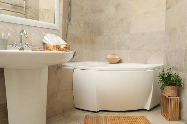 istock Modern comfortable bathroom in light beige color 1279274044