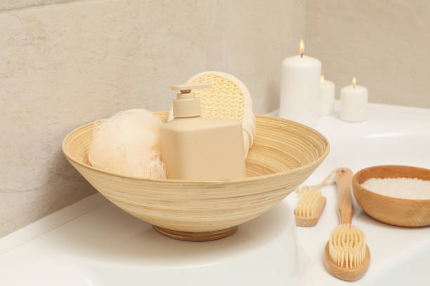 istock Bath with personal hygiene accessories in light beige bathroom 1279274656