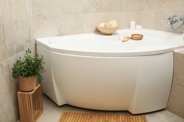 istock Bath with personal hygiene accessories in light beige bathroom 1279274680