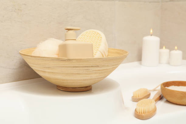 istock Bath with personal hygiene accessories in light beige bathroom 1279274905