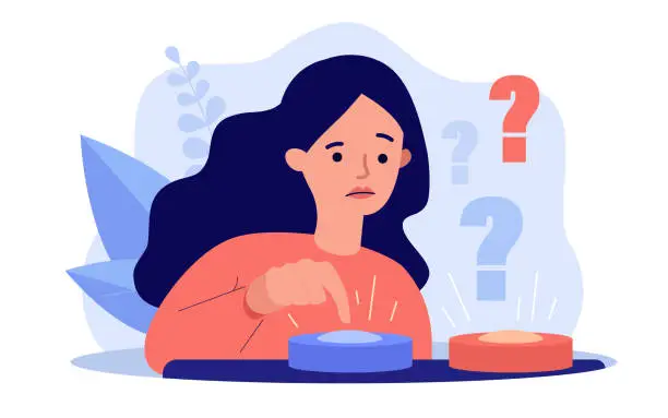 Vector illustration of Puzzled woman choosing between two buttons