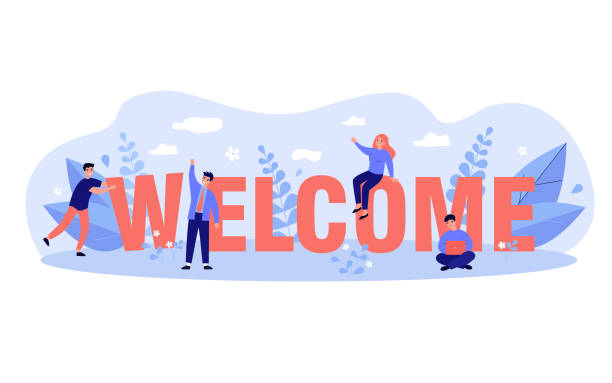 Happy business team welcoming new person to their company Happy business team welcoming new person to their company. Tiny people making greeting gesture and constructing word. Vector illustration for office welcome party, celebration concept employee introduction stock illustrations