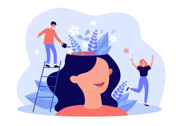 Happy girl having great mental health Happy girl having great mental health and positive mood. Tiny man watering flowers inside womans head. For psychology, genius, growth, development, intelligence concept mental wellbeing stock illustrations