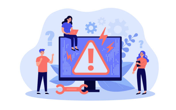 System error concept System error concept. Upset tiny people standing at computer with warning symbol on monitor. Vector illustration for page not found or computer breakdown topics maintenance support stock illustrations