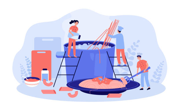Restaurant chef and his team cooking pasta Restaurant chef and his team cooking pasta. Cooks placing spaghetti in hot water and preparing plate for serving dinner. For traditional Italian cuisine, food, catering, job concept large pasta pot stock illustrations