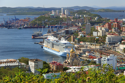 Vladivostok, Russia - September, 18, 2019: Panorama of the central part of the city of Vladivostok from the highest point of the Eagle's Nest hill.