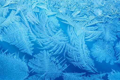 Beautiful frosty window as background, closeup. Winter morning