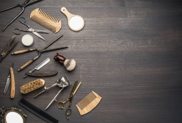 istock Classic grooming and hairdressing tools on wooden background. 1279278575