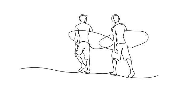 Surfers in continuous line art drawing style. Two fit men walking on the beach with surfboards black linear sketch isolated on white background. Vector illustration