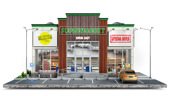 Front view on a modern supermarket and surrounding area, 3d illustration