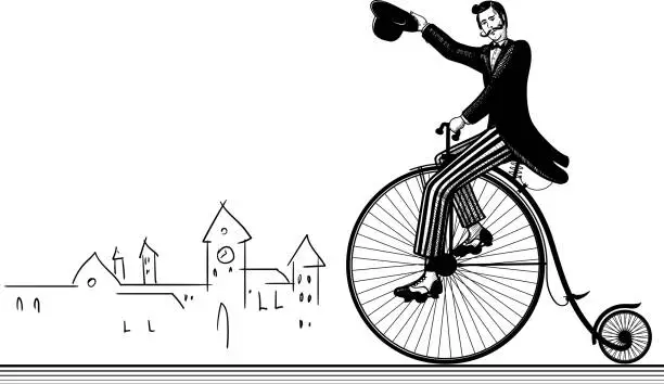 Vector illustration of old-fashioned gentleman waving a hat riding a classic bicycle with a big front wheel