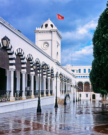 Street scene in Tunis, Tunisia on a rainy day.