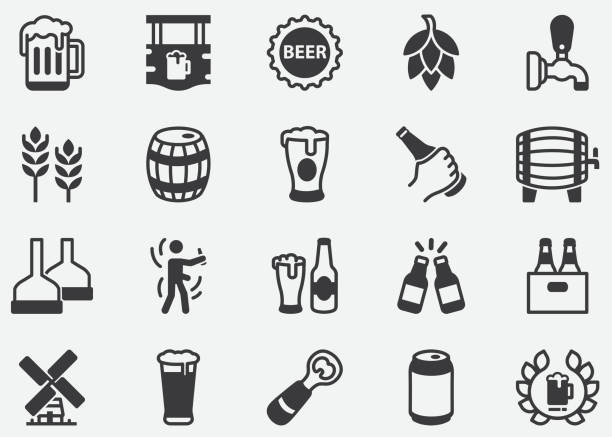 stockillustraties, clipart, cartoons en iconen met bier, brouwerij, bierfles, glas, vat, zes-pak, vat, mok, het gieten van bier van kraan in perfecte pictogrammen van de pixel van het glas - bier