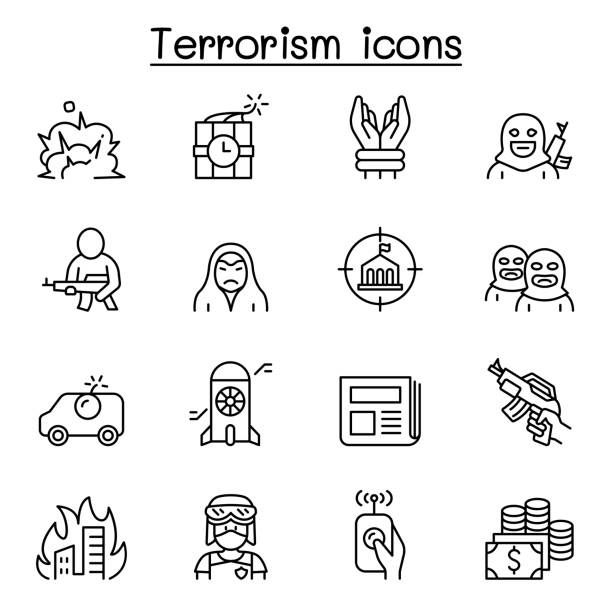 illustrazioni stock, clip art, cartoni animati e icone di tendenza di icona terrorismo impostata in stile linea sottile - thief crime gun hostage