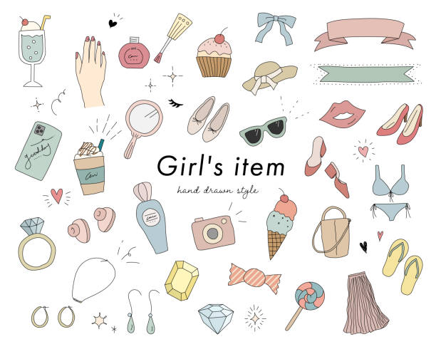 illustrazioni stock, clip art, cartoni animati e icone di tendenza di set di illustrazioni doodle di oggetti carini per ragazze e donne - alla moda illustrazioni