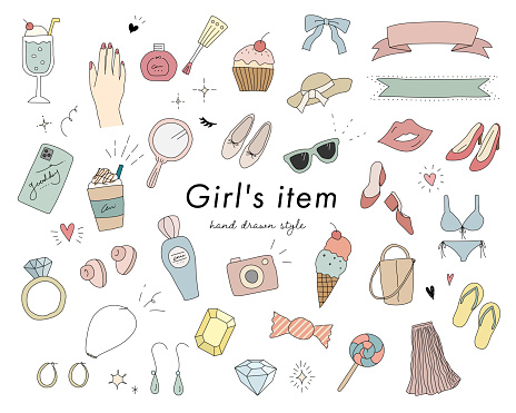 Set of doodle illustrations of cute items for girls and women