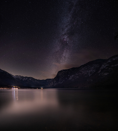 Milky way above Bohinj lake at Triglav national park in Slovenia.