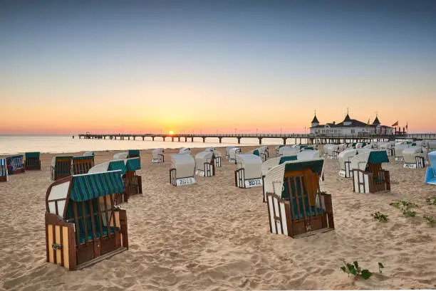 morning time at baltic sea beach and sight Ahlbeck pier in sunrise