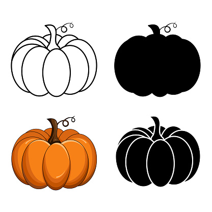Pumpkin vector set isolated on white. Autumnal silhouette, outline and orange cartoon collection. Halloween or thanksgiving illustration. Symbolic and seasonal shape for party invitation.