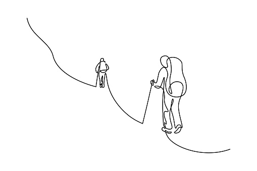 Mountain climbers in continuous line art drawing style. Two backpackers ascending mountain. Hiking and mountaineering. Black linear sketch isolated on white background. Vector illustration