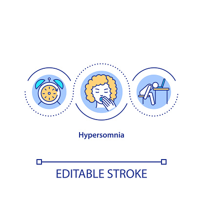 Hypersomnia concept icon. Sleep disorder, narcolepsy idea thin line illustration. Chronic weariness and fatigue. Work overload, burnout. Vector isolated outline RGB color drawing. Editable stroke