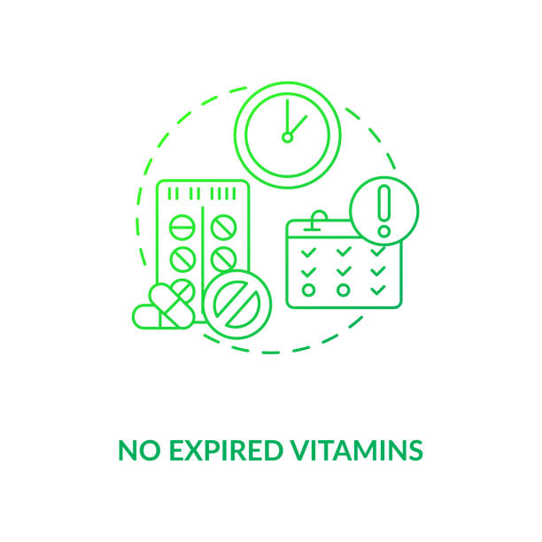 No expired vitamins concept icon No expired vitamins concept icon. Adequate vitamins intake idea thin line illustration. Correct conditions. Nutritional supplement. Side effects. Vector isolated outline RGB color drawing. expiry date icon stock illustrations