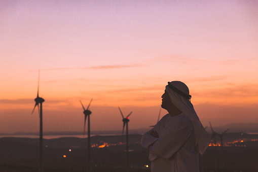 Retrato del empresario árabe confiado en turbina de viento photo