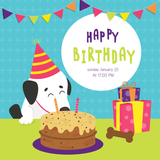 ilustrações de stock, clip art, desenhos animados e ícones de birthday greeting card with cute dogs - birthday card dog birthday animal