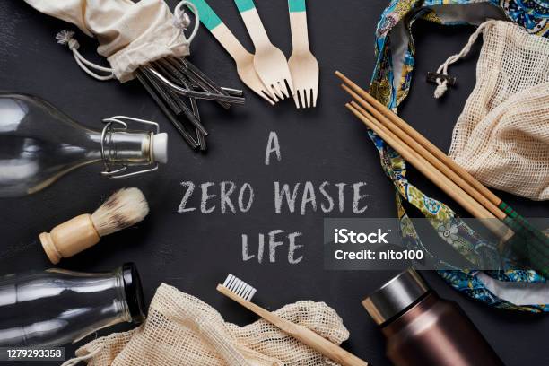 Noplastic Items And Text A Zero Waste Life Stock Photo - Download Image Now - Alternative Lifestyle, Bag, Bamboo - Material
