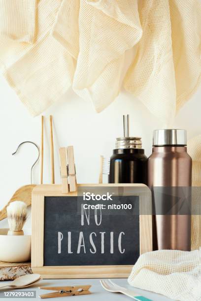 Noplastic Sustainable Items And Text Zero Waste Stock Photo - Download Image Now - Alternative Lifestyle, Bag, Bamboo - Material