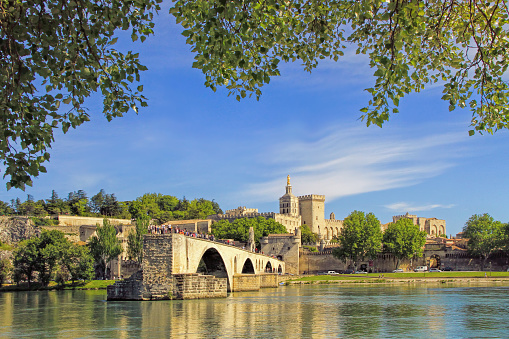 The famous medieval bridge in the town of Avignon, in southern France ( from Island of Barthelasse )