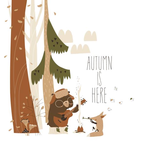 Cute fox with bear sitting by bonfire in autumn forest Cute fox with bear sitting by bonfire in autumn forest. Vector illustration fire fox stock illustrations