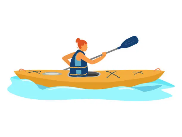 Vector illustration of Red hair girl kayaking