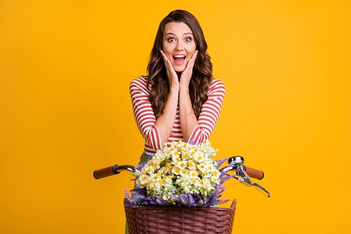 Photo portrait of amazed girl, touching cheeks sitting on bicycle with basket of flowers isolated on bright yellow color background
