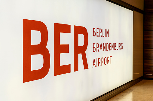 Berlin, Germany - July 28, 2020: Signage within the new Berlin Brandenburg Airport