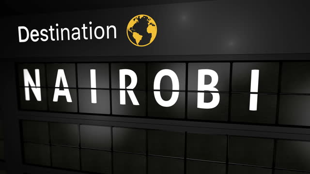 3D generated animation, analog flight information display board with the arrival city of Nairobi