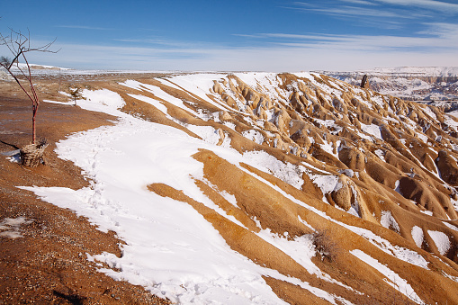 Breathtaking view of Love Valley in winter season, Cappadocia national park, Turkey
