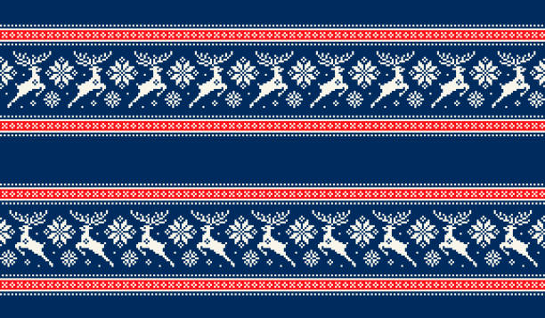 Winter Holiday Pixel Pattern with Christmas Reideers. Traditional Nordic Seamless Striped Ornament. Scheme for Knitted Sweater Pattern Design or Cross Stitch Embroidery. Winter Holiday Pixel Pattern with Christmas Reindeers. Traditional Nordic Seamless Striped Ornament. Scheme for Knitted Sweater Pattern Design or Cross Stitch Embroidery christmas sweater stock illustrations