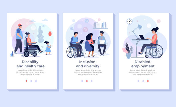 Social adaptation of disabled people. Social adaptation of disabled people, Handicapped people support, wheelchair person at work, disabled employment  and  rehabilitation concept illustration accessibility for persons with disabilities stock illustrations