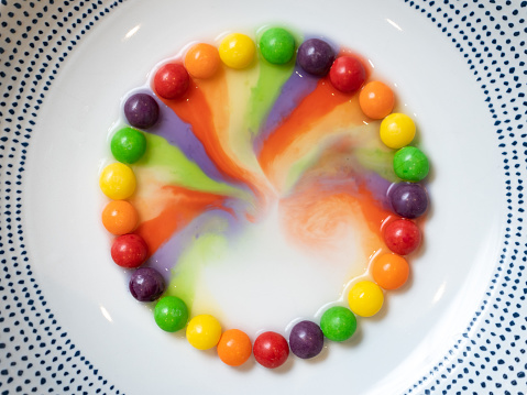 A circle of small candy in a white bowl with the colours slowly running into the middle